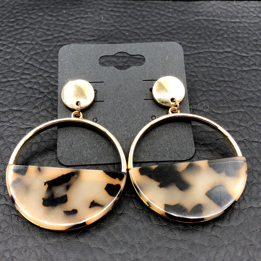 Faux Tortoiseshell Earrings Half Moon Resin Gold‎ Tone Frame Dangles